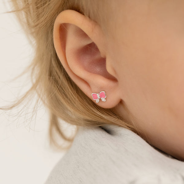 Girls' Dainty CZ Butterfly Screw Back 14K Gold Earrings - Pink & Clear - in Season Jewelry