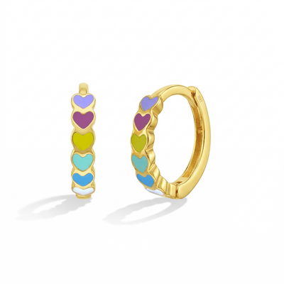 18k Gold Heart Cascade Kids / Children's / Girls Earrings Hoop Enamel