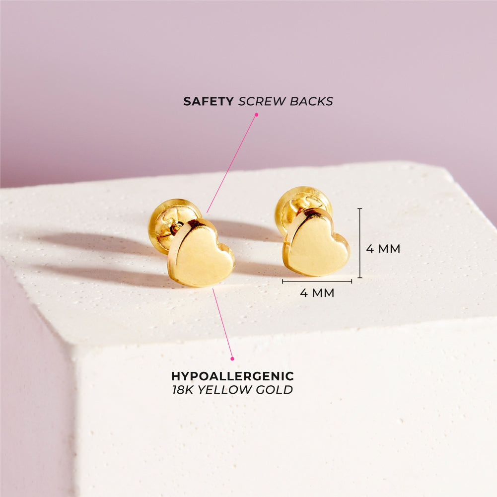 18k Gold Classic Polished Heart Baby / Toddler / Kids Earrings Safety Screw Back