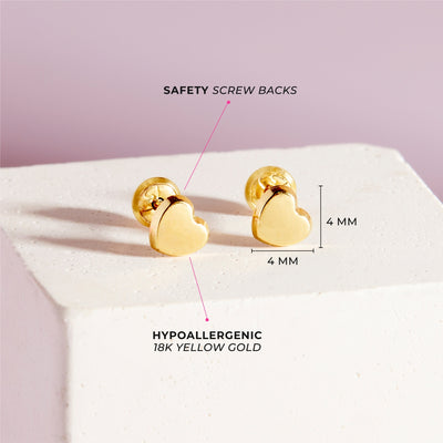 18k Gold Classic Polished Heart Baby / Toddler / Kids Earrings Safety Screw Back