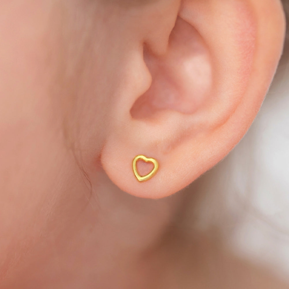 18k Gold Tiny Open Heart Baby / Toddler / Kids Earrings Safety Screw Back