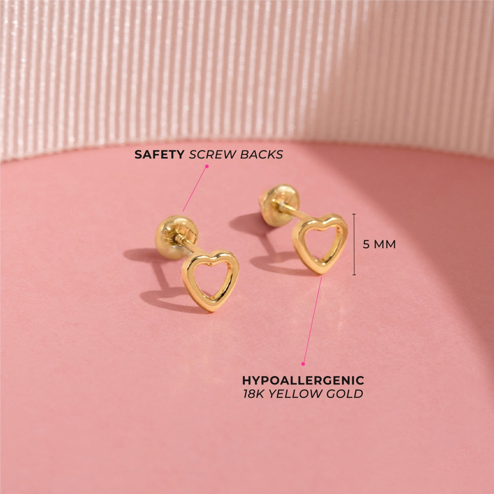 18k Gold Tiny Open Heart Baby / Toddler / Kids Earrings Safety Screw Back