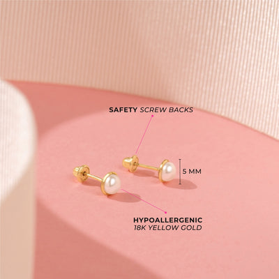 18k Gold Formal Freshwater Pearl 6mm Kids / Children's / Girls Earrings Safety Screw Back