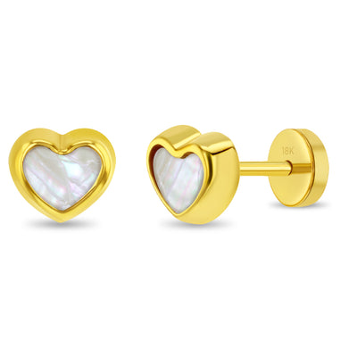 18k Gold Mother of Pearl Heart Baby / Toddler / Kids Earrings Safety Push Back