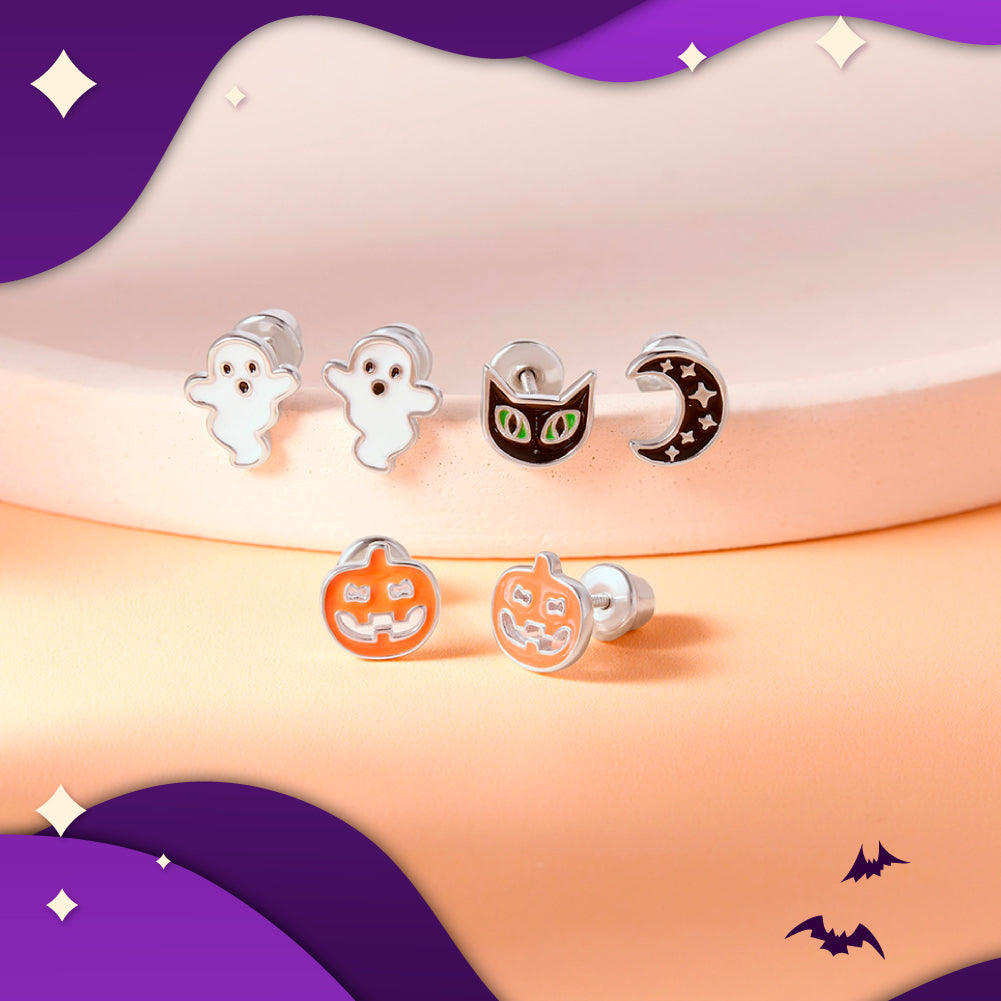Cat in The Moon Kids / Children's / Girls Earrings Screw Back Enamel - Sterling Silver