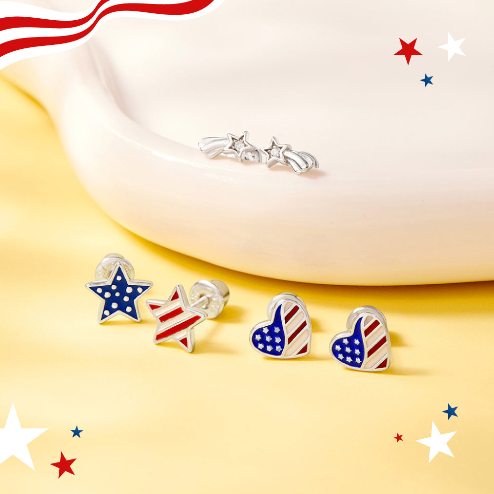 Patriotic Stars Kids / Children's / Girls Earrings Screw Back Enamel - Sterling Silver