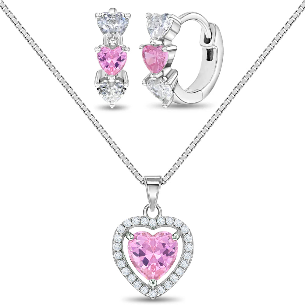 925 Sterling Silver Pink & Clear CZ Heart Necklace Jewelry Set For Young Girls