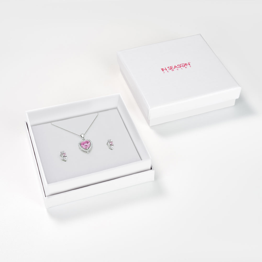 925 Sterling Silver Pink & Clear CZ Heart Necklace Jewelry Set For Young Girls