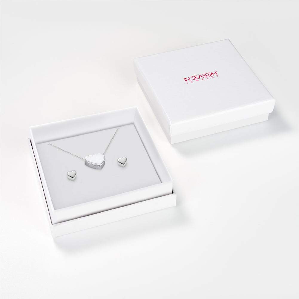 925 Sterling Silver Polished Hearts Necklace Jewelry Set For Young Girls