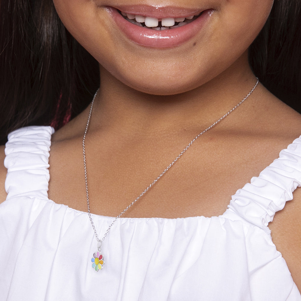 925 Sterling Silver Rainbow Enamel Daisy Necklace Jewelry Set For Young Girls