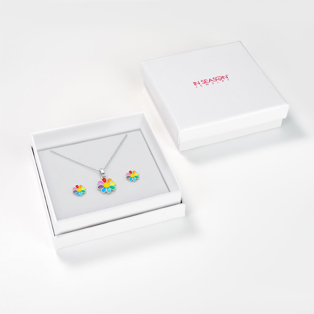 925 Sterling Silver Rainbow Enamel Daisy Necklace Jewelry Set For Young Girls