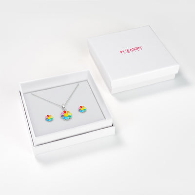 925 Sterling Silver Rainbow Enamel Daisy Necklace Jewelry Set For Young Girls
