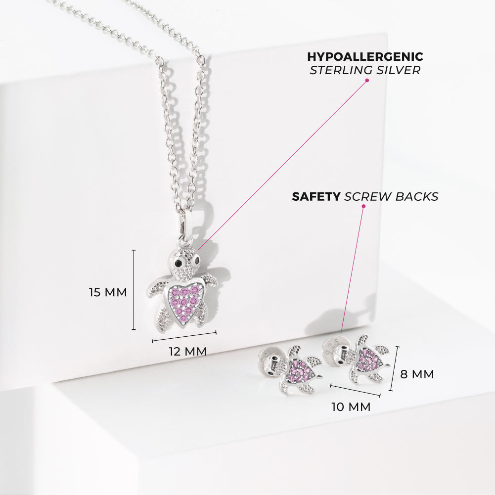 925 Sterling Silver Pink Cubic Zirconia Turtle Necklace Jewelry Set For Girls