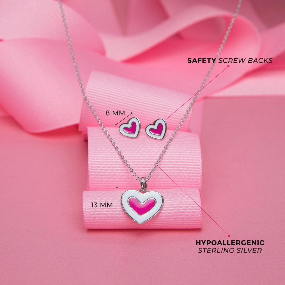 925 Sterling Silver Pink & White Enamel Cute Heart Jewelry Set for Children & Preteens