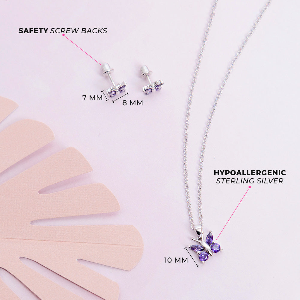 925 Sterling Silver Shiny Purple Cubic Zirconia Butterfly Jewelry Set for Young Girls