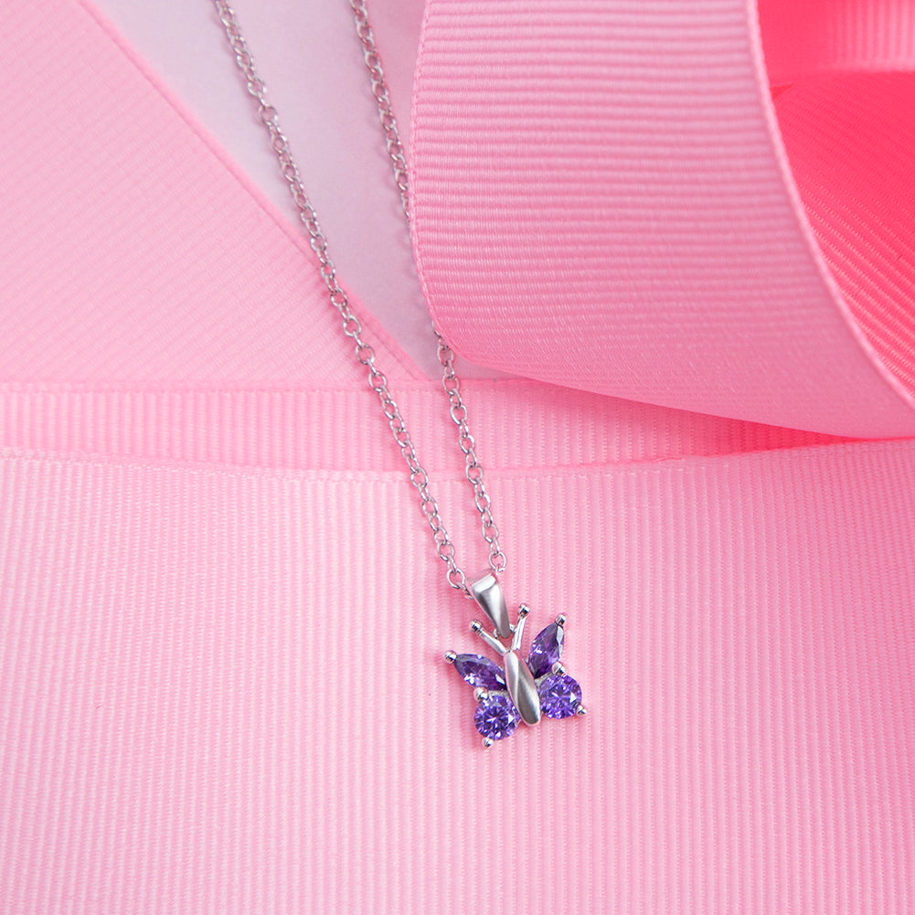 925 Sterling Silver Shiny Purple Cubic Zirconia Butterfly Jewelry Set for Young Girls