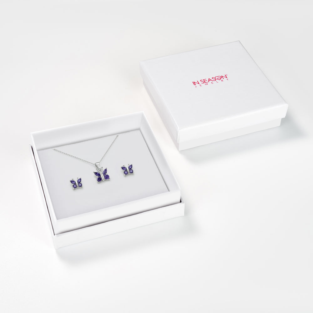 925 Sterling Silver Shiny Purple Cubic Zirconia Butterfly Jewelry Set for Young Girls