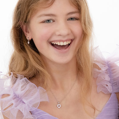 925 Sterling Silver Cute Pink Cubic Zirconia Heart Necklace & Earrings for Young Girls