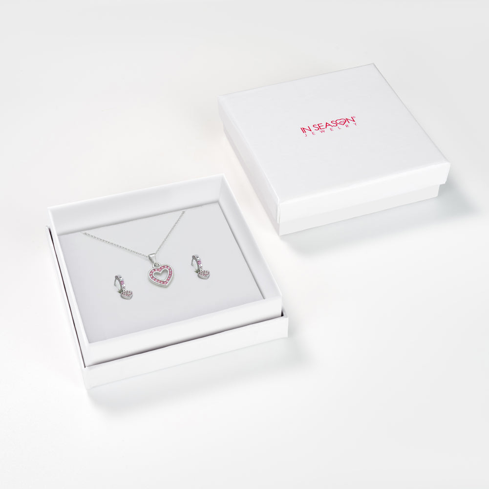 925 Sterling Silver Cute Pink Cubic Zirconia Heart Necklace & Earrings for Young Girls