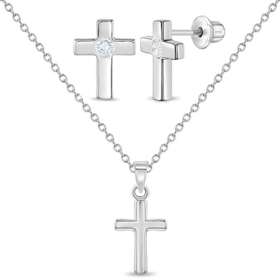 Classic Clear CZ Cross Kids / Children's / Girls Jewelry Set - Sterling Silver