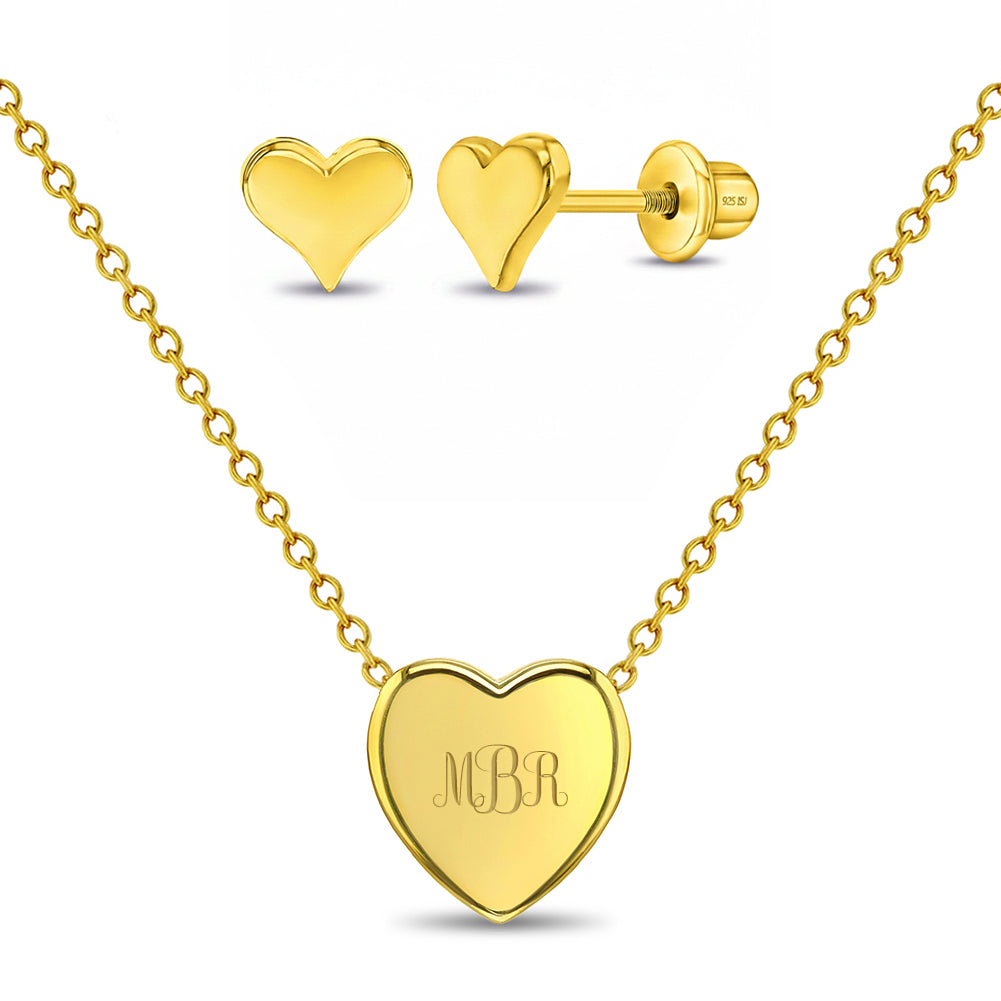 Engravable Heart Kids / Teen Jewelry Set - 14k Gold Over Sterling Silver