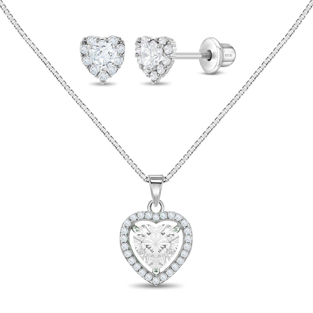 Princess Cubic Zirconia Heart Kids / Teen Jewelry Set - Sterling Silver