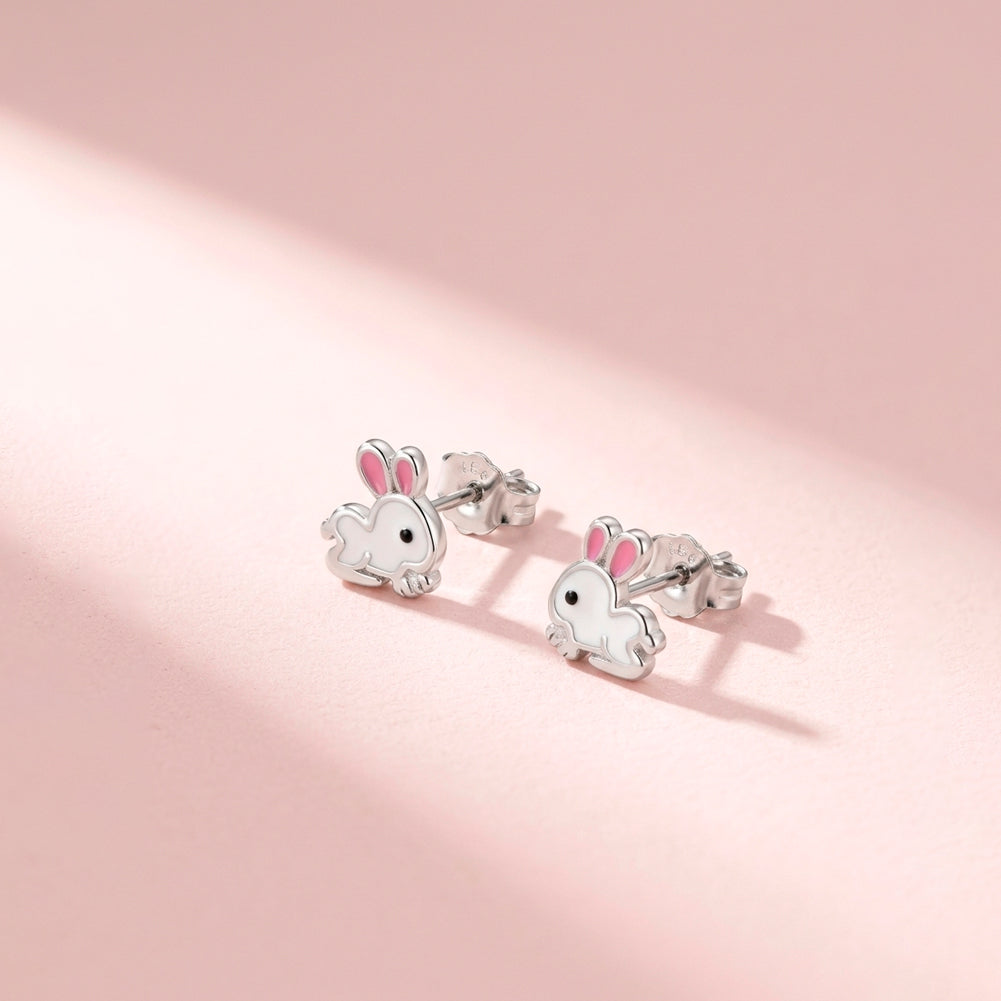 Hopping Bunny Kids / Children's / Girls Earrings Enamel - Sterling Silver