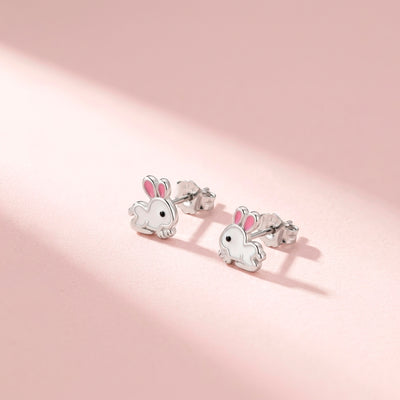 Hopping Bunny Kids / Children's / Girls Earrings Enamel - Sterling Silver