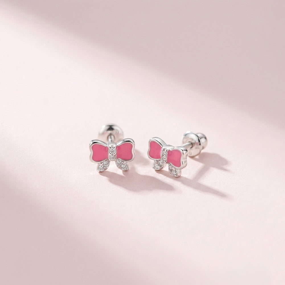 Pretty in Pink Bow Baby / Toddler / Kids Earrings Screw Back Enamel - Sterling Silver