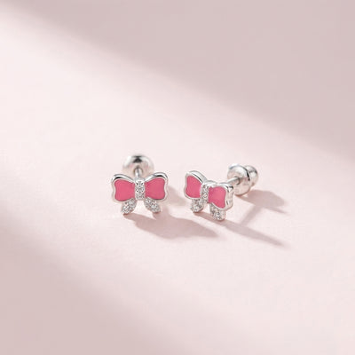 Pretty in Pink Bow Baby / Toddler / Kids Earrings Screw Back Enamel - Sterling Silver