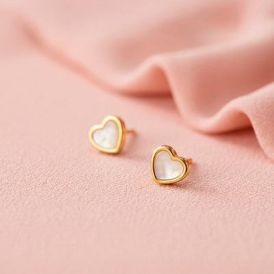 14k Gold Mother of Pearl Heart Baby / Toddler / Kids Earrings Safety Screw Back Bezel