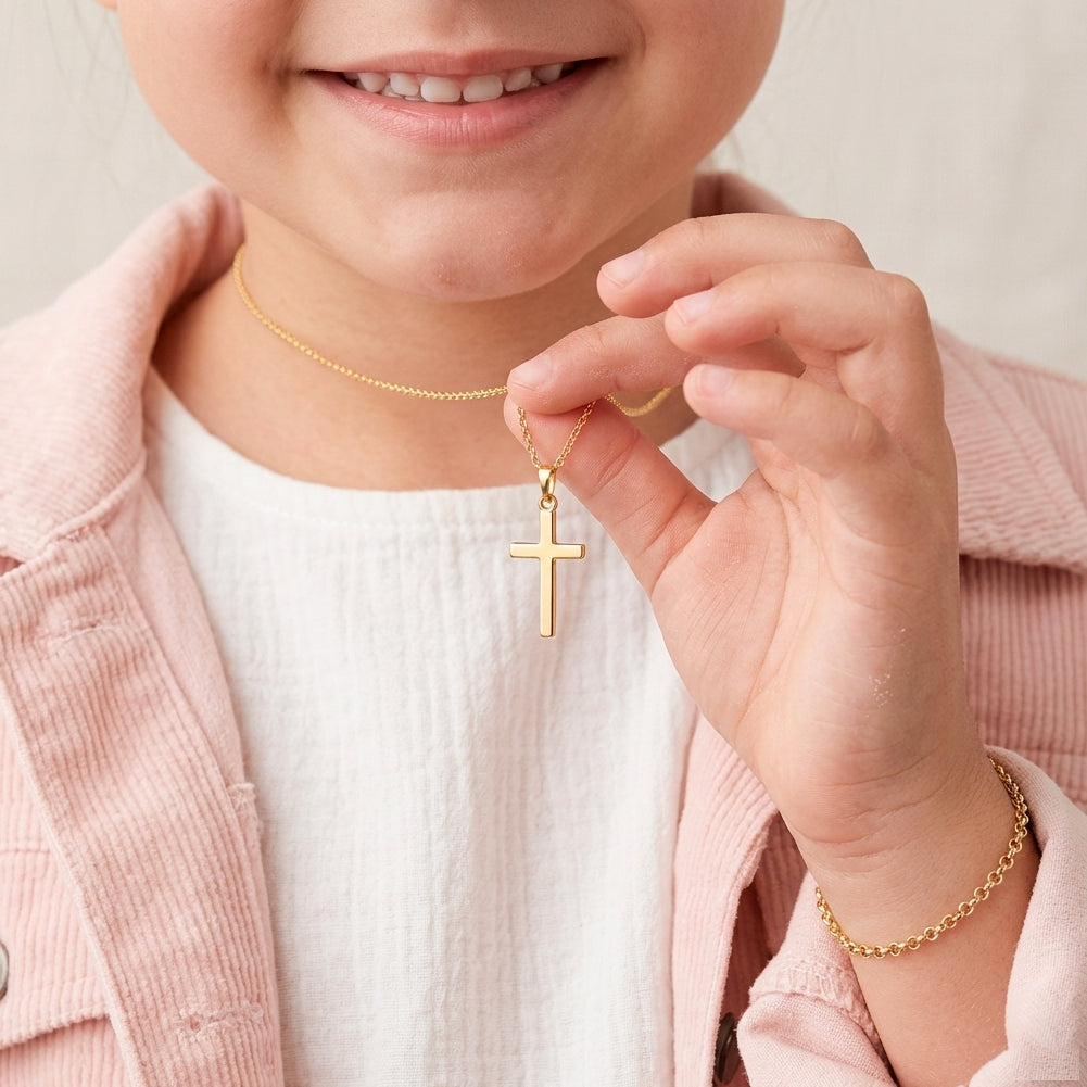 Flat Cross 16mm Toddler / Kids / Girls Pendant/Necklace Religious - 14K Gold Over Sterling Silver