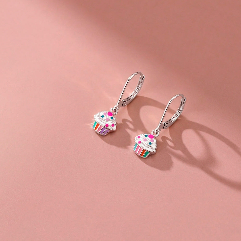 Cupcake & Toppings Dangle Kids / Children's / Girls Earrings Lever Back Enamel - Sterling Silver