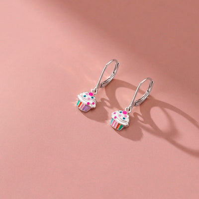 Cupcake & Toppings Dangle Kids / Children's / Girls Earrings Lever Back Enamel - Sterling Silver