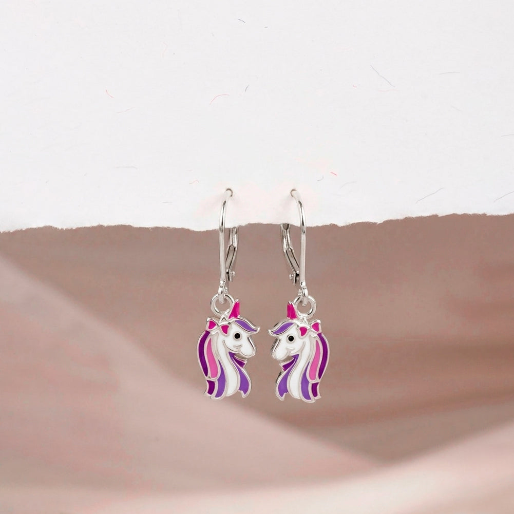 Rainbow Unicorn Dangle Kids / Children's / Girls Earrings Lever Back Enamel - Sterling Silver