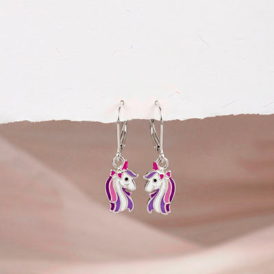 Rainbow Unicorn Dangle Kids / Children's / Girls Earrings Lever Back Enamel - Sterling Silver