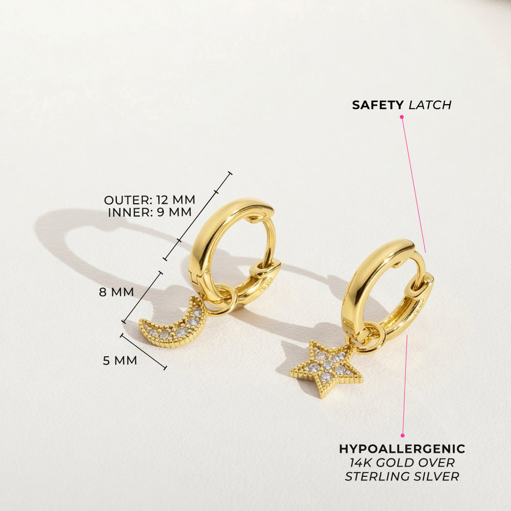 Star & Moon Dangle 9mm Kids / Children's / Girls Earrings Hoop/Huggie - 14k Gold Over Sterling Silver