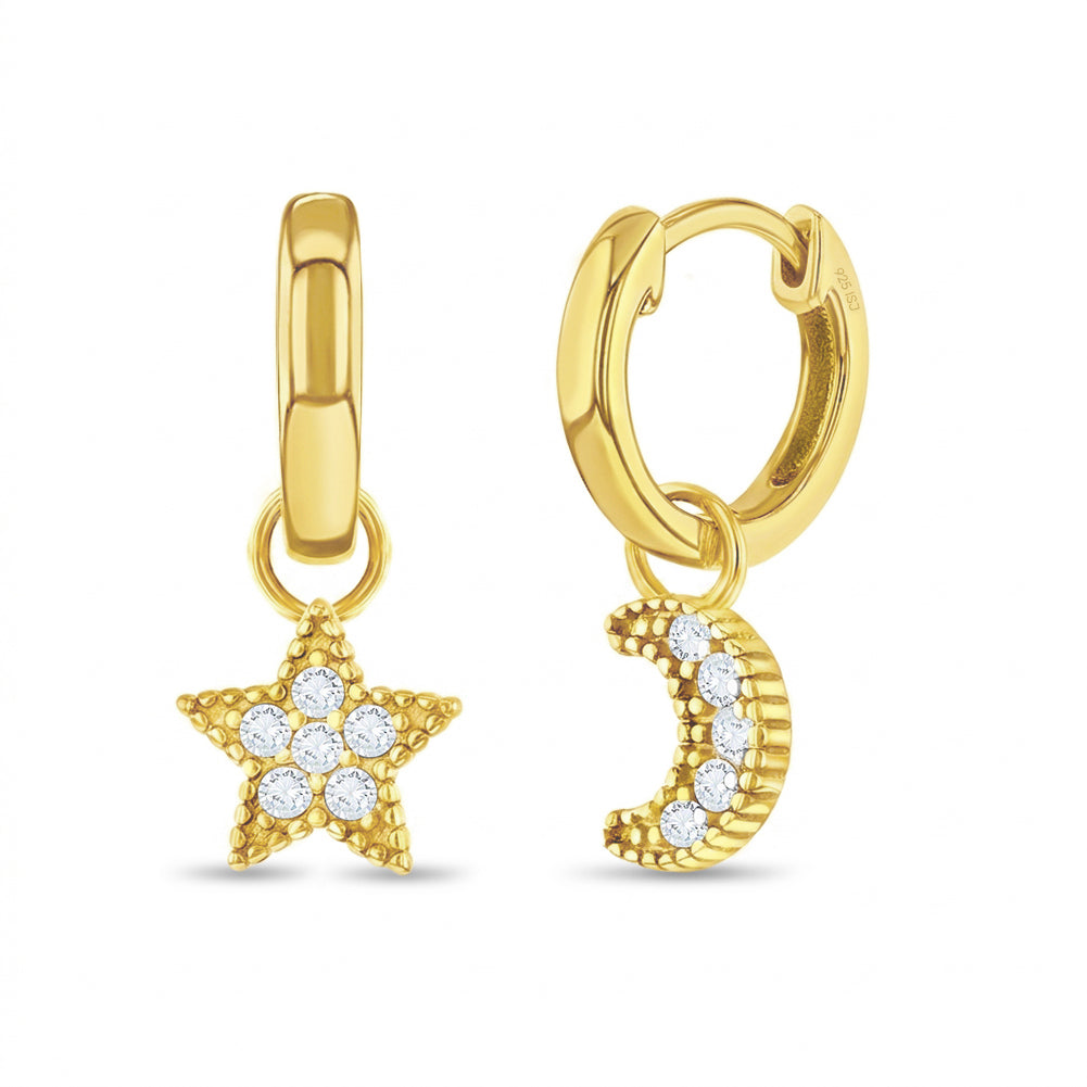 Star & Moon Dangle 9mm Kids / Children's / Girls Earrings Hoop/Huggie - 14k Gold Over Sterling Silver