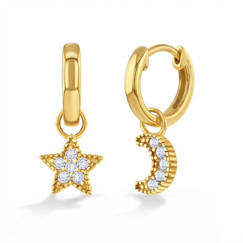 Star & Moon Dangle 9mm Kids / Children's / Girls Earrings Hoop/Huggie - 14k Gold Over Sterling Silver