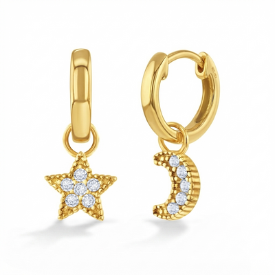 Star & Moon Dangle 9mm Kids / Children's / Girls Earrings Hoop/Huggie - 14k Gold Over Sterling Silver