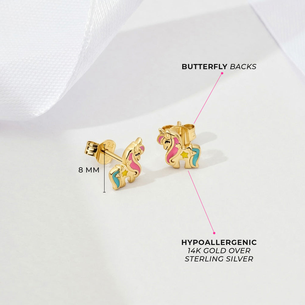 Miss Unicorn Kids / Children's / Girls Earrings Enamel - 14k Gold over Sterling Silver