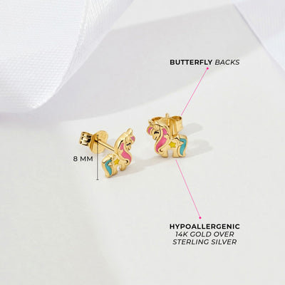 Miss Unicorn Kids / Children's / Girls Earrings Enamel - 14k Gold over Sterling Silver