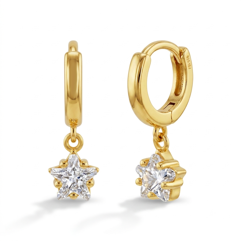 Star CZ Dangle 7mm Clear Kids / Children's / Girls Earrings Hoop/Huggie - 14k Gold Over Sterling Silver