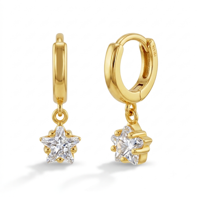 Star CZ Dangle 7mm Clear Kids / Children's / Girls Earrings Hoop/Huggie - 14k Gold Over Sterling Silver