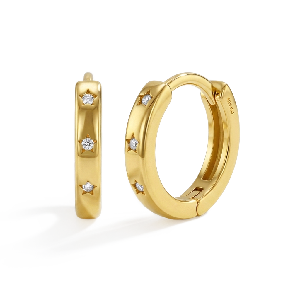 Star CZ 10mm Kids / Children's / Girls Earrings Hoop/Huggie - 14k Gold Over Sterling Silver