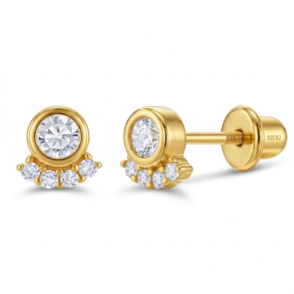 Glimmering CZ Bezel Kids / Children's / Girls Earrings Screw Back - 14k Gold Over Sterling Silver