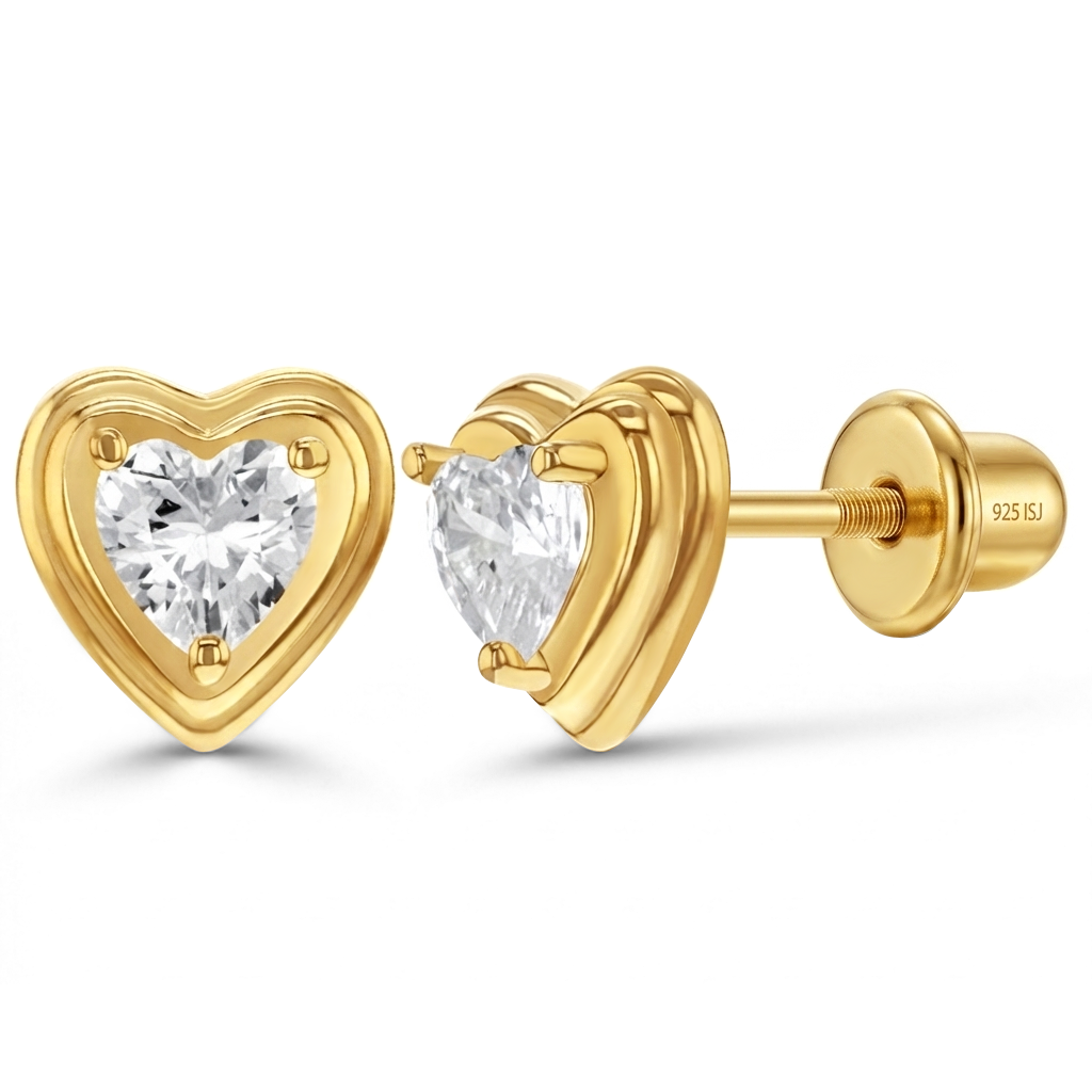 Elevated Heart Clear Baby / Toddler / Kids Earrings Screw Back - 14k Gold Over Sterling Silver