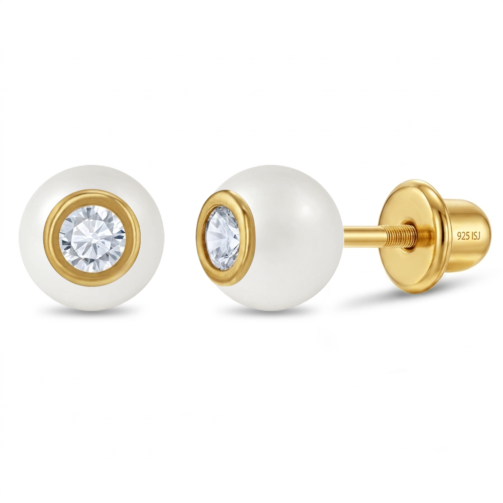CZ Enamel Baby / Toddler / Kids Earrings Screw Back - 14k Gold Over Sterling Silver