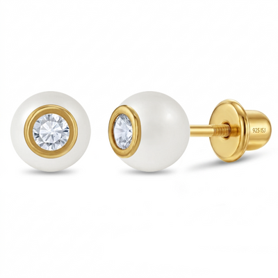 CZ Enamel Baby / Toddler / Kids Earrings Screw Back - 14k Gold Over Sterling Silver