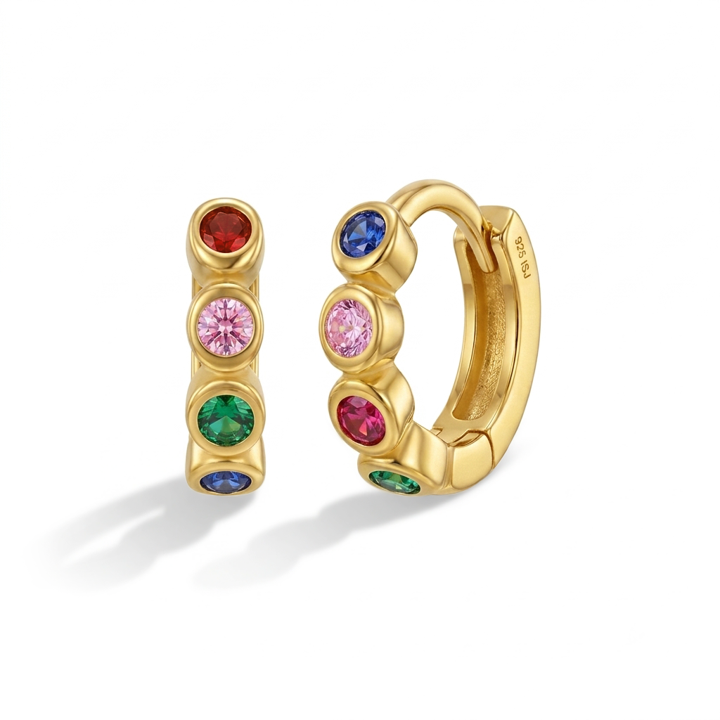 Multicolor Bezel Kids / Children's / Girls Earrings Hoop/Huggie - 14k Gold Over Sterling Silver